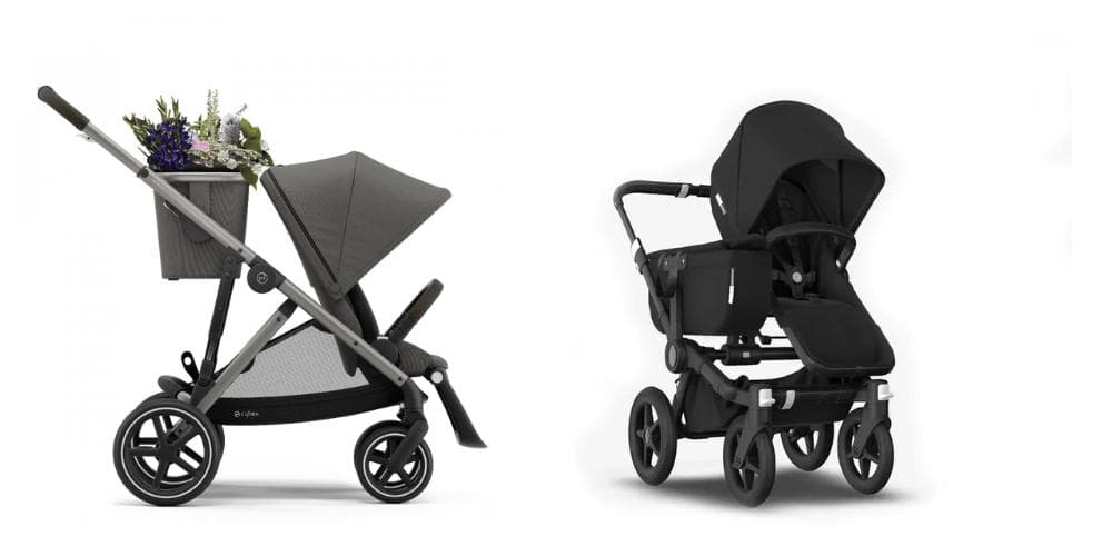 Mono prevedenie s úložným priestorom: vľavo Cybex Gazelle S, vpravo Bugaboo Donkey.