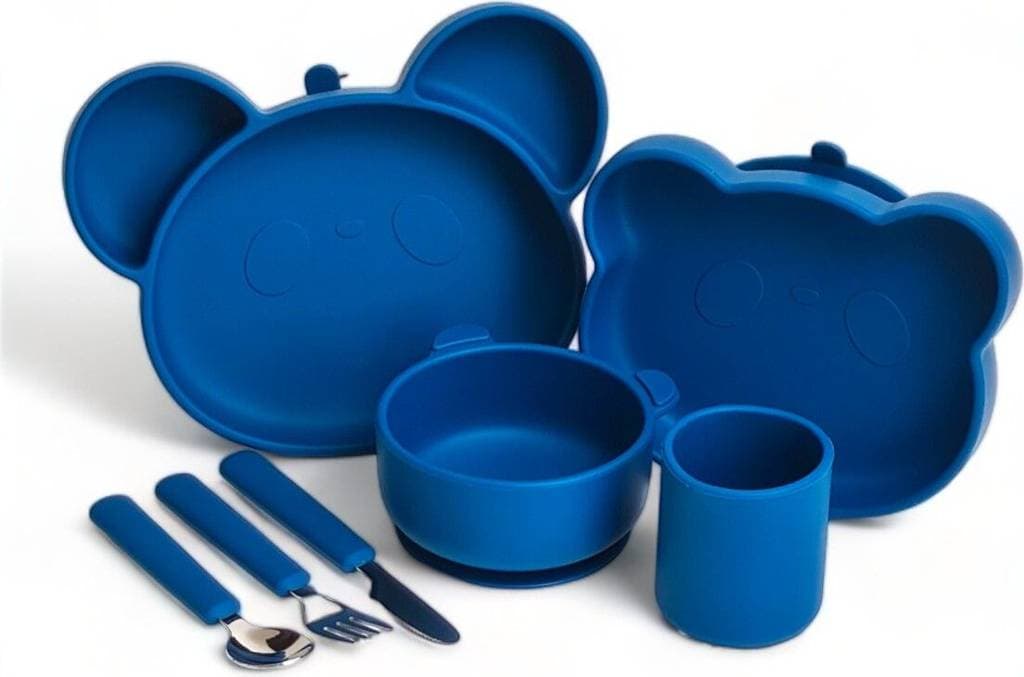 Jedálenský silikónový set Panda - tanier, deliaci tanier, miska, pohárik, príbor 