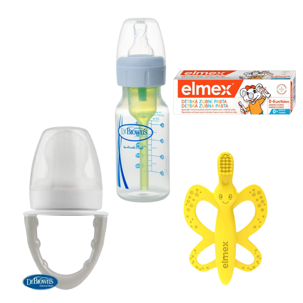 Set Dr. Brown's Baby Anti-colic fľaša Options+ 120ml BPA FREE, Dr. Brown’s Detský silikónový cumeľ na kŕmenie 4M+ Fresh Firsts BPA FREE, Elmex detská zubná pasta, Elmex Baby hryzátko a zubná kefka