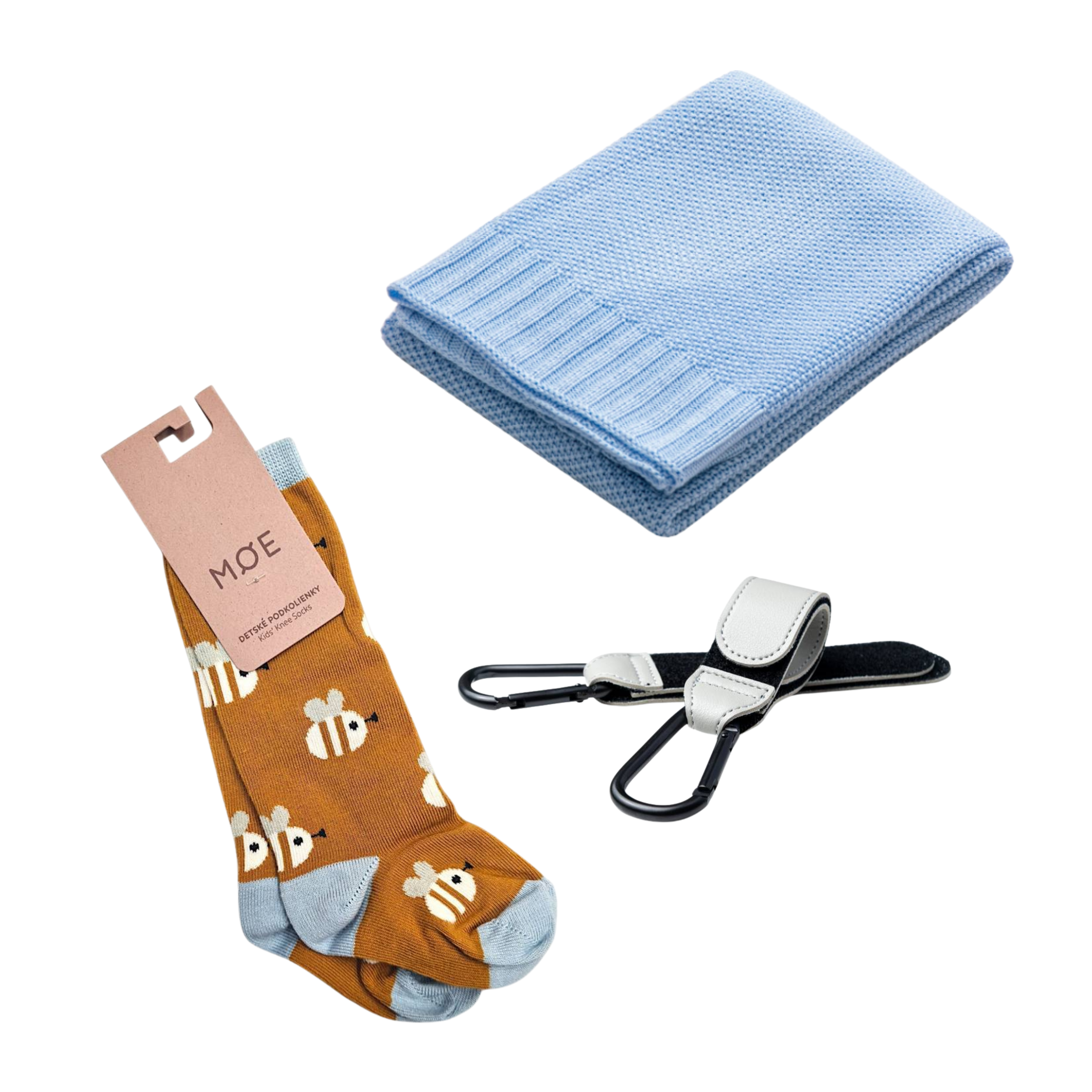 Set Mamaleto Deka 80x100 Modrý, Moe Detské podkolienky Včely, Mamaleto Držiaky na tašku Silver