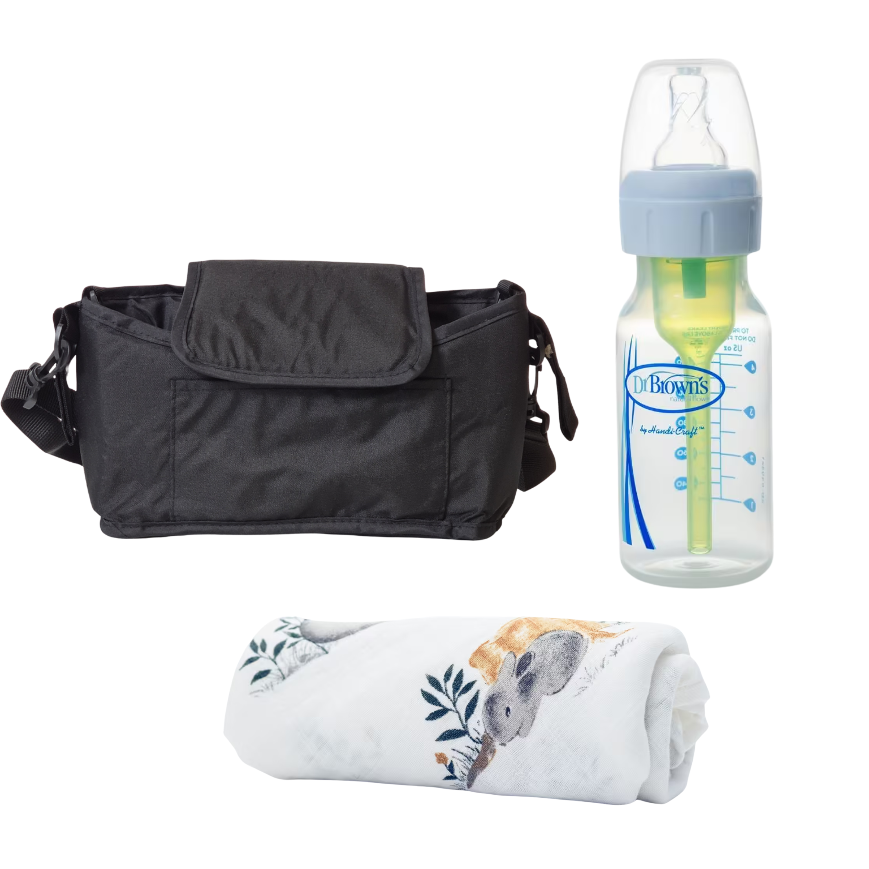 Set Mamaleto Organizér na kočík, Dr. Brown's Baby Anti-colic fľaša Options+ 120ml BPA FREE, Mamaleto Mušelínová plienka Dark Grey