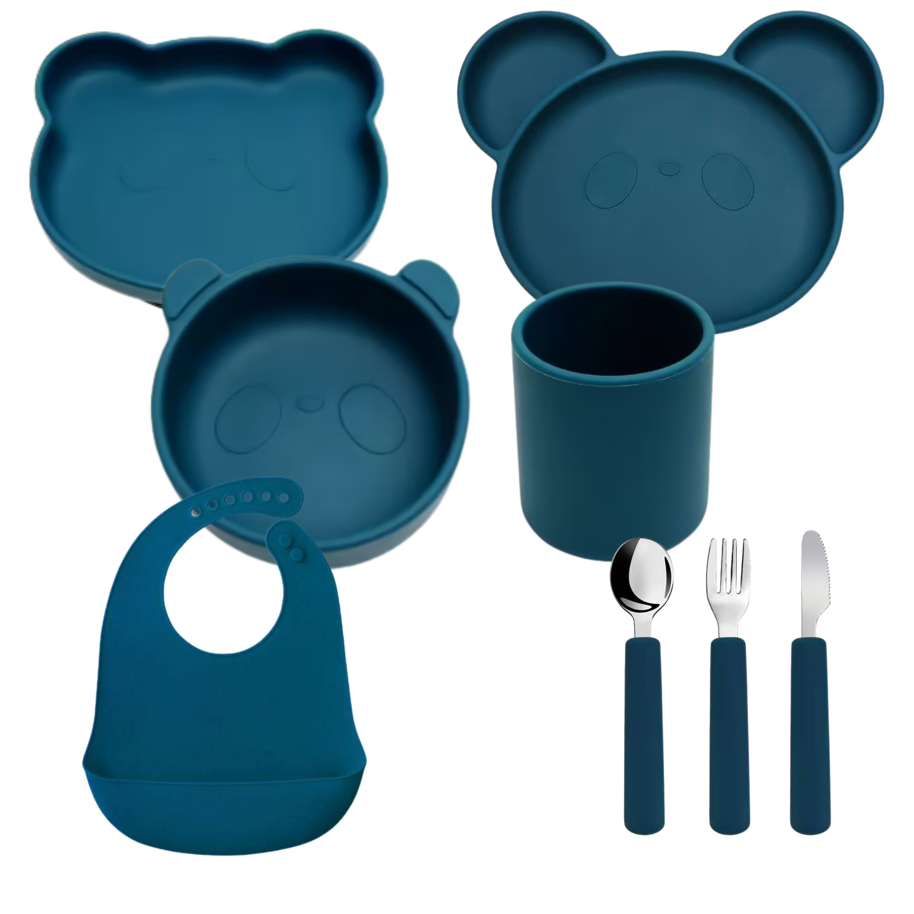 Jedálenský set Panda 8-dielny – tanier, rozdeľovací tanier, miska, pohár, príbor, podbradník