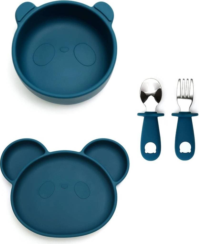 Jedálenský silikónový set Panda - deliaci tanier, miska, montessori príbor